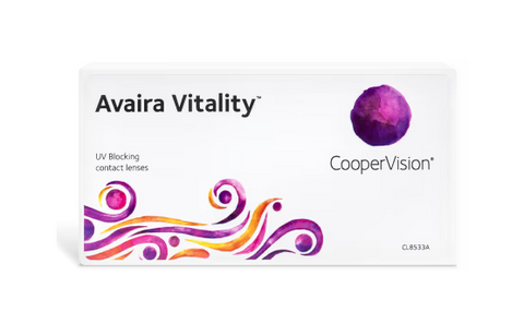 The Avaira Vitality Bi-Weekly lenses (6-pack) by Avaira are made from silicone hydrogel with a vibrant design featuring a purple sphere with swirling patterns in orange, pink, and purple. These bi-weekly lenses provide excellent UV protection for your eyes.