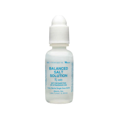 A small white 15mL bottle of BSS - Balanced Salt Solution from MedPharma USA, featuring a white dropper cap for lab procedures. Ophthalmic use only; not for injection or IV use. Ideal for cell culture environments, the sterile single-dose solution is sold in cases of 36.