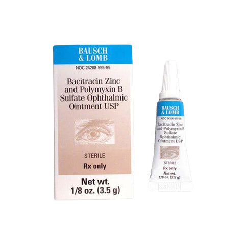 Image of MedPharma USAs Bacitracin Zinc Polymyxin B Sulfate Ophthalmic Ointment. The packaging reads STERILE and Rx only with net weight 3.5g (1/8 oz). An eye illustration decorates the box.
