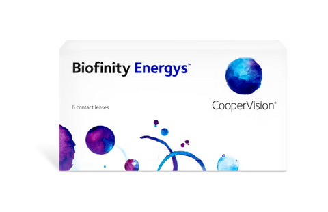 The white Biofinity Energys box displays a blue and purple abstract design with the CooperVision logo. It promises digital eye strain relief through Digital Zone Optics, featuring six lenses made with Aquaform Technology for all-day comfort.