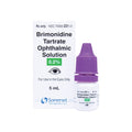 The image shows a bottle and box of Brimonidine Tartrate Ophthalmic Solution 0.2% (5ml Bottle), a prescription drop for open-angle glaucoma. The purple-capped bottle sits next to the box with MedPharma USA branding.