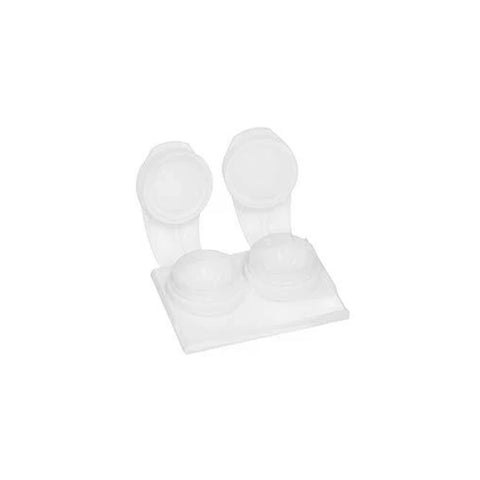 The Color Flip Top Contact Lens Case from MedPharma USA, available in a 100/bag, includes dual compartments with open lids set on a flat surface for convenience.