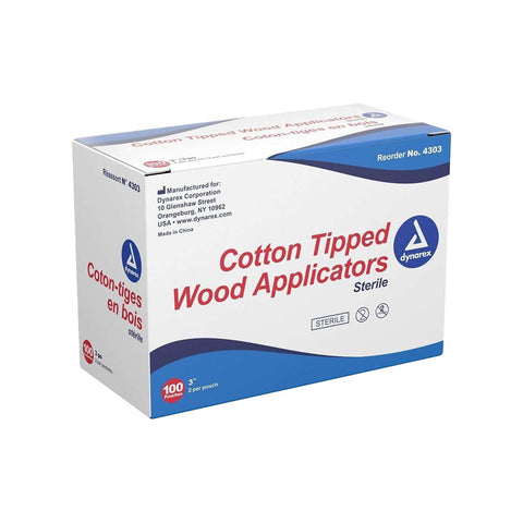 Cotton Tip Applicator, Sterile (Wood) 3" 2's/pch 100/Box- dynarex