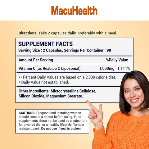 Macuhealth Liposomal Vitamin C 1000MG Per Serving - High Bioavailablity Vitamin with Fat-Soluble Antioxidants and Enhanced Absorption (180ct)