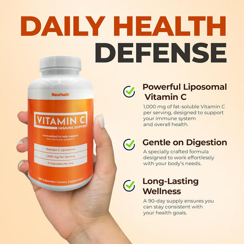 Macuhealth Liposomal Vitamin C 1000MG Per Serving - High Bioavailablity Vitamin with Fat-Soluble Antioxidants and Enhanced Absorption (180ct)