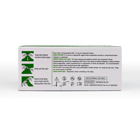 Box of Lissamine Green diagnostic strips with text and icons on a white background