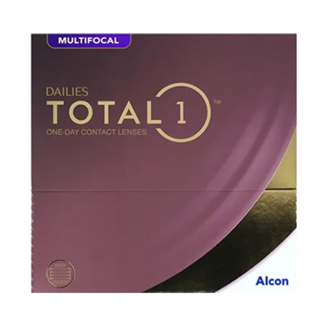 Box of Dailies Total 1 Multifocal (90 Pack) one-day lenses with SmarTears® Technology. Packaging is maroon with gold and purple, featuring the Dailies brand in the lower right corner.