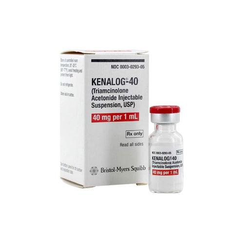 The image displays a box and vial of Kenalog-40, a triamcinolone acetonide corticosteroid, with a concentration of 40 mg/1 mL. Its marked for prescription use only and manufactured by MedPharma USA.