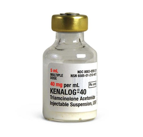 The 5 mL vial labeled Kenalog Injection 40mg by MedPharma USA contains triamcinolone acetonide injectable suspension at 40 mg/mL. This corticosteroid features a gold cap and is marked multiple dose with prescription details.