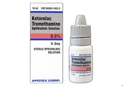 Image of a box and bottle of Ketorolac Topical Solution Eye Drops, 0.5%, 10ml by MedPharma USA. This NSAID eye drop relieves ocular pain and inflammation. The box shows dosage and usage, while the nearby white bottle has a gray cap.