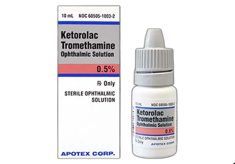 A small white bottle and box of Ketorolac Topical Solution Eye Drop, 0.5%, 5mL by MedPharma USA, marked Rx Only, provides non-steroidal anti-inflammatory relief for ocular pain.