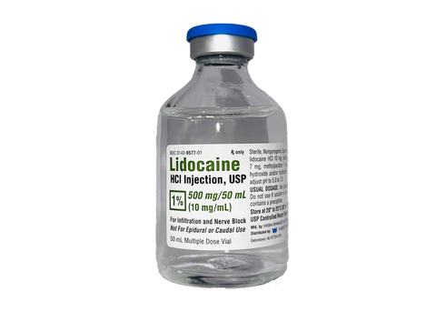 The Lidocaine Injection 1% by MedPharma USA comes in a clear 50mL vial with a blue cap, labeled Lidocaine HCl Injection, USP and contains 500 mg. It is suitable for multiple doses, providing local anesthesia and effective pain management via infiltration and nerve block.