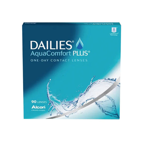 The Dailies AquaComfort Plus (90 Pack) features Blink-Activated Moisture for comfort in a blue and white box with a water splash design. The Alcon logo is prominently displayed in the lower left corner.