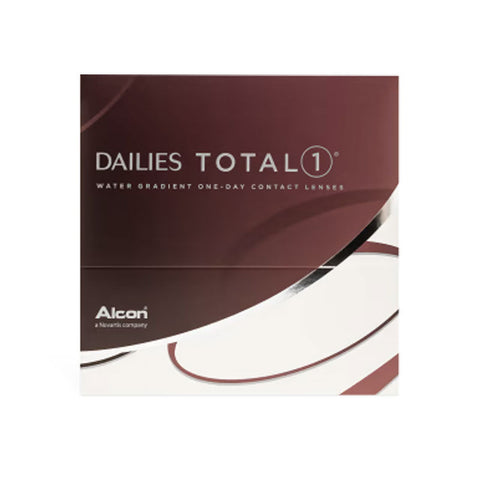 The image showcases a box of Dailies Total 1 (90 Pack) water gradient one-day contact lenses by Dailies, featuring its maroon and white design with Water Gradient Technology, and prominently displaying the brand for easy recognition.