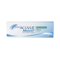 A 30-pack of Acuvue Moist 1-Day Multifocal lenses, featuring Lacreon technology and a UV blocker. The predominantly white packaging with blue and green accents offers comfort comparable to TruEye with moisture-rich benefits.