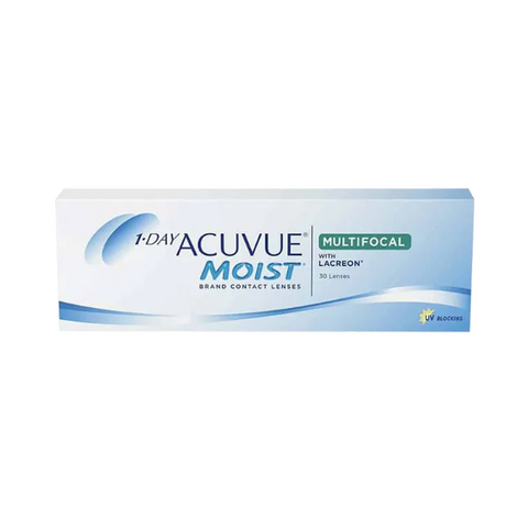 A 30-pack of Acuvue Moist 1-Day Multifocal lenses, featuring Lacreon technology and a UV blocker. The predominantly white packaging with blue and green accents offers comfort comparable to TruEye with moisture-rich benefits.