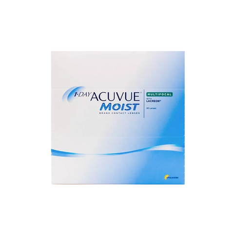 The image shows a 90-pack of Acuvues 1-Day Acuvue Moist Multifocal contact lenses, featuring LACREON Technology for presbyopia, in a white and blue box.