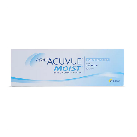 Box of Acuvue 1-Day Moist for Astigmatism contact lenses features a sleek blue and white design. These daily disposables provide UV protection, with each box containing 30 lenses.