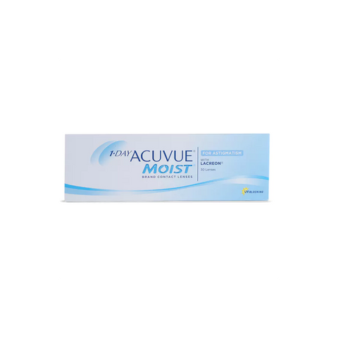 The 1-Day Acuvue Moist for Astigmatism (30 Pack) by Acuvue offers UV protection and astigmatism correction. The light blue and white box features Lacreon technology and includes 30 daily disposable toric lenses.