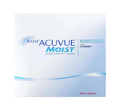 A blue and white 1-Day Acuvue Moist for Astigmatism (90 Pack) box prominently features For Astigmatism with LACREON and Brand Contact Lenses, includes a subtle wave design, and displays the Acuvue brand with Johnson & Johnson in red at the bottom right, highlighting its quality toric lenses for daily comfort.