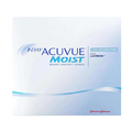 The image shows the Acuvue 1-Day Moist for Astigmatism (90-pack) featuring Lacreon technology. This white box highlights the brand name in blue and gray, with Johnson & Johnsons logo at the bottom right, emphasizing its daily disposable lens convenience.