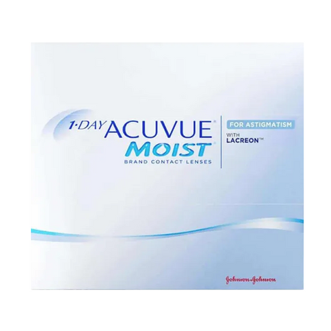 The image shows the Acuvue 1-Day Moist for Astigmatism (90-pack) featuring Lacreon technology. This white box highlights the brand name in blue and gray, with Johnson & Johnsons logo at the bottom right, emphasizing its daily disposable lens convenience.