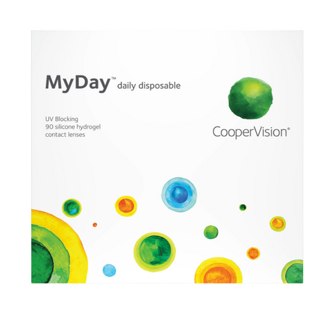 Box of MyDay Daily Disposable 90 Pack lenses by MyDay, with colorful designs in green, blue, and yellow on a white background. Features UV protection and Aquaform Technology with 90 premium silicone hydrogel lenses.