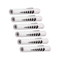 Six white MedPharma USA pen lights, disposable and cylindrical with small circular holes and a side clip, are aligned vertically in two columns. They have threaded bottoms for device attachment and provide high-intensity illumination. Available in a 6-pack.