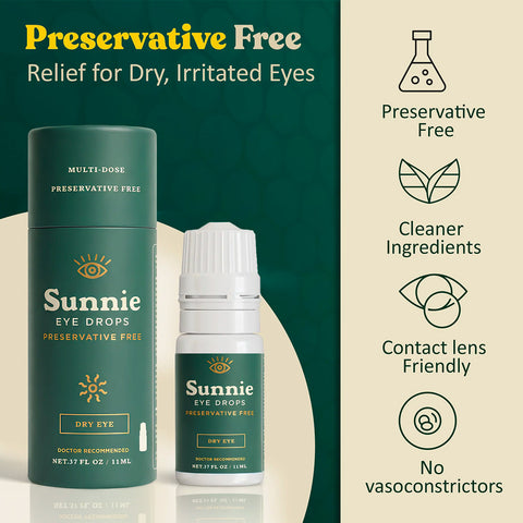 Sunnie Preservative-Free Eye Drops for Dry Eyes, (11ml), Multi-Dose Lubricating Drops with Glycerin 0.5% – for Daily Comfort