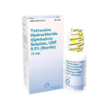 A 15mL white bottle of Tetracaine Hydrochloride 0.5% Ophthalmic Solution from MedPharma USA, featuring a yellow cap, serves as a local anesthetic. Packaged in a matching box with blue/white text and the Oceanside Pharmaceuticals logo.