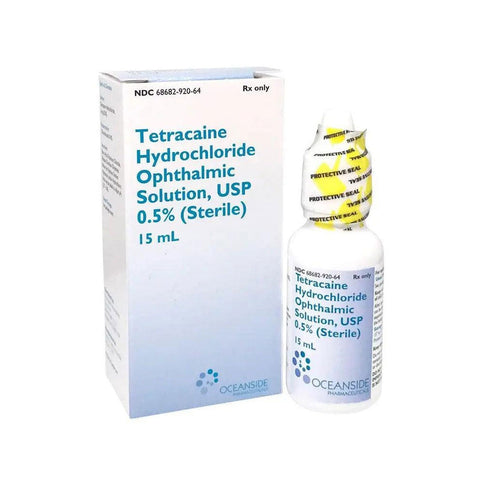 A 15mL white bottle of Tetracaine Hydrochloride 0.5% Ophthalmic Solution from MedPharma USA, featuring a yellow cap, serves as a local anesthetic. Packaged in a matching box with blue/white text and the Oceanside Pharmaceuticals logo.