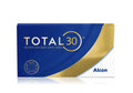 The TOTAL30 - 6 Pack by Total features a blue and gold box with One-Month Replacement Contact Lenses, highlighting its Water Gradient Technology. Enhanced with CELLIGENT Technology, this Alcon product ensures comfort and quality, ideal for your vision needs.