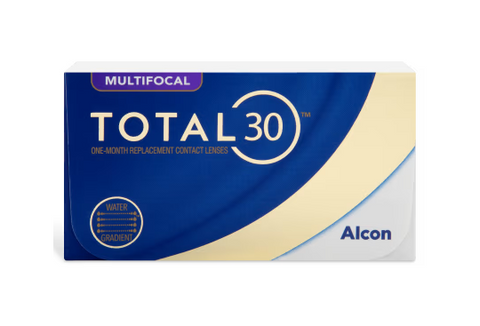 The image displays a box of Total30 Multifocal - 6 Pack contact lenses by Total, featuring Water Gradient technology. The design is mainly blue and cream with Multifocal highlighted, using the innovative PRECISION PROFILE Lens Design for crisp vision.