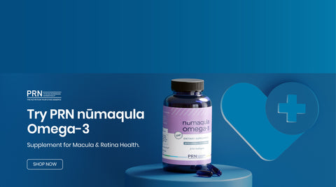 A PRN Omega-3 dietary supplement bottle sits on a blue cylindrical stand, with a spotlight on it. The backdrop features a large heart with a medical cross, and text promoting the supplement for macula and retina health. A Shop Now button is visible.