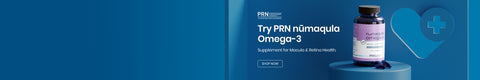 A bottle of PRNs nūmaqula Omega-3 supplement is placed next to its box on a blue background. Text reads: Try PRN nūmaqula Omega-3 Supplement for Macular & Retinal Health. A button below reads Shop Now.