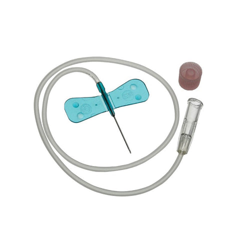 Image of MedPharma USA Winged InfsSet infusion set featuring a blue winged hub, transparent 12 flexible tubing, and a pink cap. The 23g x 3/4 set is used for blood draws or IV infusions and includes a Safety-Lock luer adapter for secure connections.