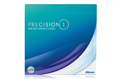 Alcons Precision1 contacts feature blue and teal packaging with a wave design and SmartSurface Technology text. Available in the Precision1 for Astigmatism 90 Pack to address specific vision needs.