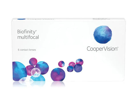 A box of Biofinity Multifocal contact lenses by CooperVision showcases a blue and purple circular pattern. The packaging highlights Aquaform Technology and contains 6 lenses.