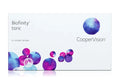 The Biofinity Toric contact lenses box from CooperVision is white, featuring artistic watercolor circles in blue, purple, and pink on the left. Made for astigmatism with Aquaform® Technology, it includes six comfortable lenses.