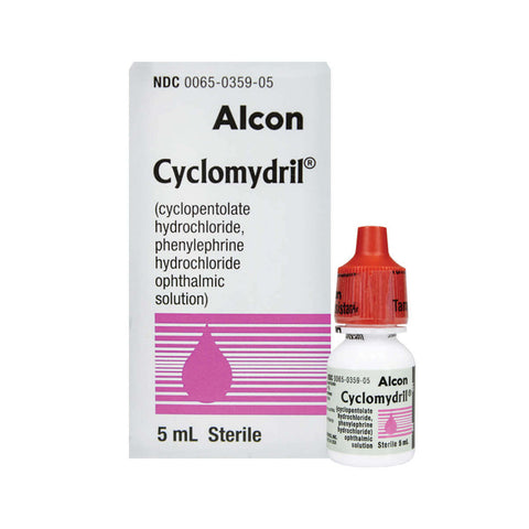 Cyclomydril Ophthalmic Solution, 0.2%, 5mL by MedPharma USA is used for eye exams and pupil dilation; contains cyclopentolate hydrochloride and phenylephrine hydrochloride. It comes in a sterile bottle with a red cap.