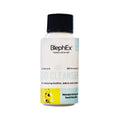 A white bottle of Blephex Lid Cleanser, with a black cap and MD formulation, showcases an all-natural formula. The label features key ingredients like Manuka Honey and Dead Sea Salt, along with a charming bee illustration at the bottom.