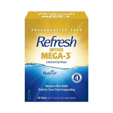 Refresh Optive MEGA-3 Lubricant Eye Drops Preservative-Free Artificial Tears (0.4 mL), 60 Single-Use Container Vials