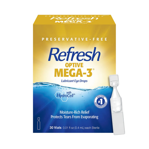 Refresh Optive MEGA-3 Lubricant Eye Drops Preservative-Free Artificial Tears (0.4 mL), 60 Single-Use Container Vials