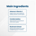 The Main Ingredients list includes: Advance+ Vitamin C, which supports natural defenses for youthful skin; Centella Asiatica to reduce signs of premature aging; and Mushroom Extract, an antimicrobial that brightens the complexion—all in iS Clinicals C Eye Serum Advance+ for Age-Defying and Hydrating skin.