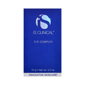 IS Clinical Eye Complex comes in blue packaging with the iS Clinical logo. The text highlights EYE COMPLEX and 15g e Net wt. 0.5 oz. Its renowned for reducing under-eye puffiness, fine lines, and providing antioxidant protection. At the bottom, it states INNOVATIVE SKINCARE®.