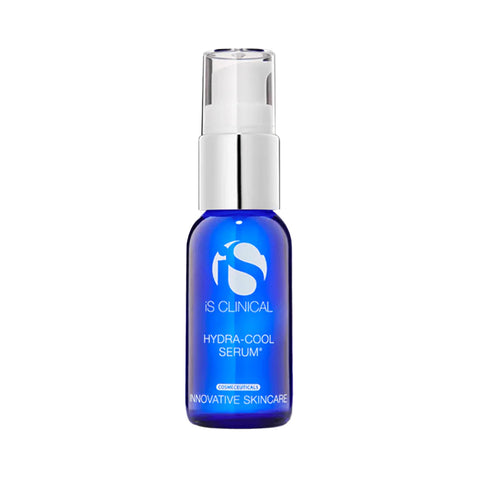 The blue 15mL iS Clinical Hydra-Cool Serum bottle features a transparent pump lid and silver collar, delivering intense hydration with antioxidants. The label showcases the brand and product name: iS Clinical Hydra-Cool Serum for Hydrating and Clearing Skin.
