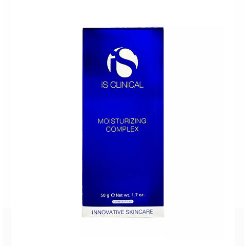 The iS Clinical Moisturizing Complex for Face and Neck comes in a blue box with a white logo, containing 50g (1.7 oz) of antioxidant-rich product, and features Innovative Skincare text.