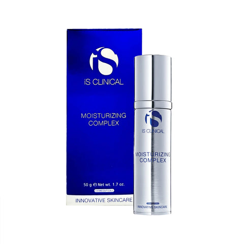 A silver bottle of iS Clinical Moisturizing Complex for Face and Neck (50g/1.7oz), rich in hydrating antioxidants, stands by its blue and white box labeled as skincare with Innovative Skincare prominently at the bottom.
