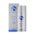 The iS Clinical Eclipse SPF 50+ Perfect Tint Beige sunscreen (3.5oz 100g) features silver packaging with blue text and logos. It emphasizes an ultra-sheer formula, broad spectrum protection, water resistance, and essential skincare details.