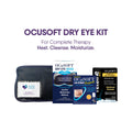 Image of the OCuSOFT Eye Kit, including the OCuSoft Dry Eye Mask, lid scrub, and lubricant eyedrops. All items are in a dark zippered pouch. Text: Complete Therapy: Heat. Cleanse. Moisturize.